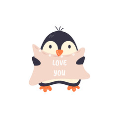 Scandinavian cute penguin with pillow. Adorable trendy arctic chubby bird. Declaration of love concept design. Naive animal baby childish print. Nursery hand drawn flat vector illustration isolated