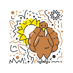 Brown turkey and sunflowers isolated on white. Farm poultry character. Traditional American thanksgiving symbols textured concept design with lines and dots. Hand drawn flat vector illustration