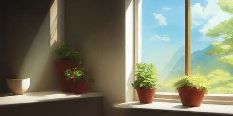 window with plants and vases
