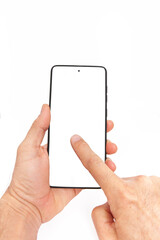  Hand holding mobile phone and blank screen for template advertising and branding technology background. 
 Realistic trendy smartphone mockup with thin frames and blank white screen isolated. 