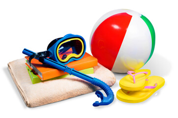 Beach ball with flip flops and beach accessories on white background