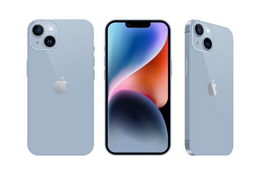 Set of Smart phone Apple iPhone 14 in different sides, in official blue color, on white background. Realistic vector illustration
