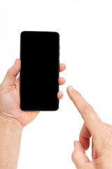  Hand holding mobile phone and blank screen for template advertising and branding technology background. 
 Realistic trendy smartphone mockup with thin frames and blank white screen isolated. 