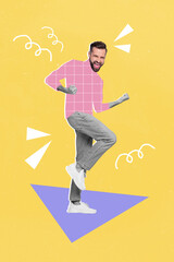 Vertical creative collage image of positive young man dancing winner fists win prize achieve goal...
