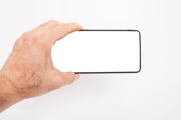  Hand holding mobile phone and blank screen for template advertising and branding technology background. 
 Realistic trendy smartphone mockup with thin frames and blank white screen isolated. 