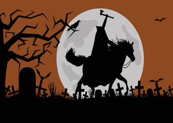 Headless horseman with an axe in his hand on a cemetery background - obrazy, fototapety, plakaty