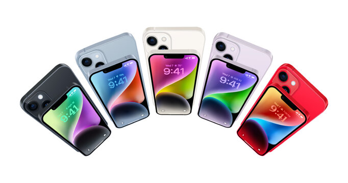 Set of Smart phone Apple iPhone 14 in top view, in official colors, on white background. Realistic vector illustration