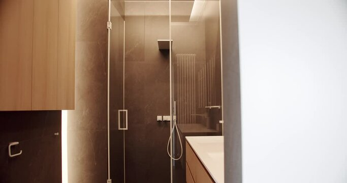 Luxury Bathroom Interior, Minimalist interior in brown colors with bathroom accessories , mirror and shower head, bathtub modern design. Luxury cozy white Apartment. bathroom with simplicity design.