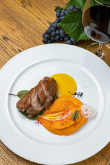 delicious steak from marbled meat in the restaurant
