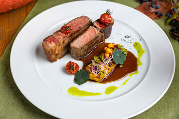delicious steak from marbled meat in the restaurant
