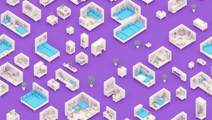 Seamless pattern 3d rendered isometric room with furnitures 