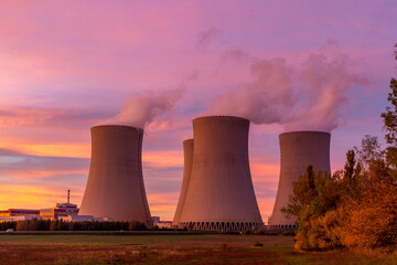 Nuclear power plant Temelin at sunset. Czech Republic.