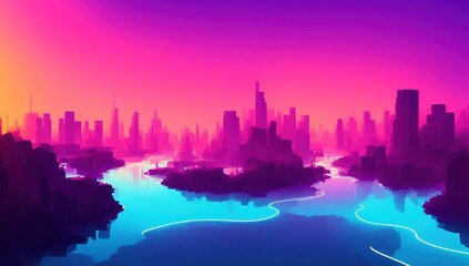 Fototapeta premium a digital painting of a river running through a neon night city in retrofuturism 