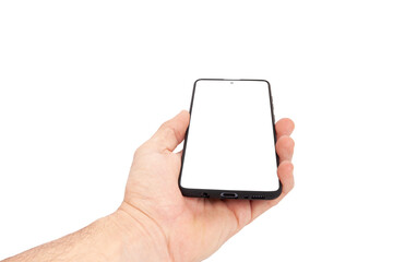 Hand holding mobile phone and blank screen for template advertising and branding technology background. 
 Realistic trendy smartphone mockup with thin frames and blank white screen isolated. 