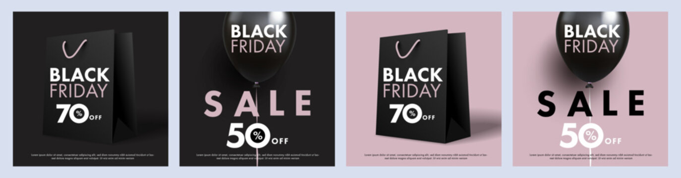 Black Friday Sale banners. Posters Set in black and pink colors with 3d realistic helium balloons, black paper bag and modern typography. Modern template for print, advertising, social and fashion ads