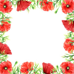 Poppies flower frame, watercolor illustration isolated on white