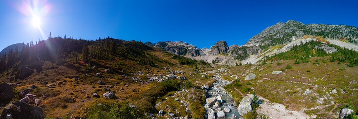 Aerial Panoramic View of River with green trees in Canadian Mountain Landscape. Brandywine Meadows near Whistler and Squamish, British Columbia, Canada. Nature Background Panorama