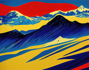 winter sunset poster illustration, mountains with snow