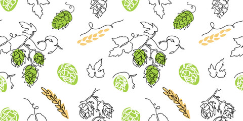 Fototapeta premium Hop cones vector pattern. One continuous line art drawing. Branch of hops with barley spikelet pattern for beer or ale label design