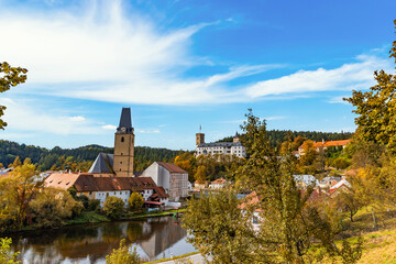 Obraz premium Small town and medieval castle Rozmberk nad Vltavou, Czech Republic.
