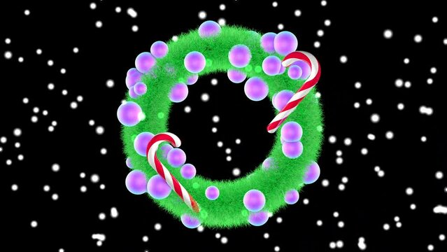Christmas wreath on a black background and falling snow flakes. Christmas design element. 3D animation with alpha channel.