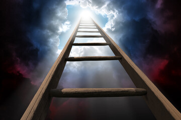 Wooden ladder rise beyond dark clouds leading up to heaven - obrazy, fototapety, plakaty