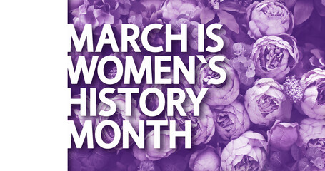 March is Women's History Month greeting card with white text.  Lilac peonies beautiful background,...