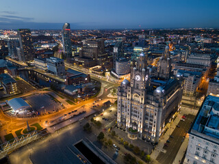 Fototapeta na wymiar Cityscape aerial view of The Liver Building, Merseyside, England