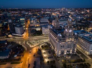 Fototapeta na wymiar Cityscape aerial view of The Liver Building, Merseyside, England
