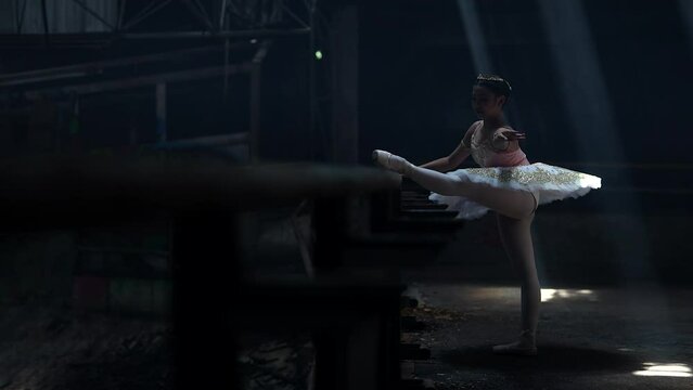 A young ballerina with a perfect body is dancing in a photo studio, dancers are dressed in fashionable outfits, this picture is taken in minimal style, showing the beauty of classical art like ballet.