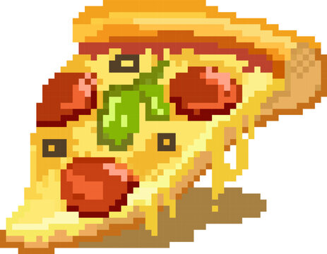 A delicious slice of pizza for a retro video game. A hearty lunch or dinner, a snack. Pizza with pepperoni sausage, mozzarella cheese, lettuce leaf and baked crust