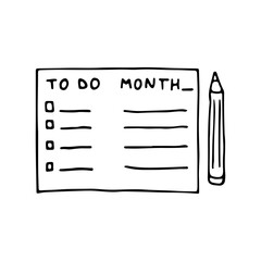 Monthly calendar. To-do list for the day and month. Pencil for writing. Doodle. Hand drawn. Vector illustration. Outline.
