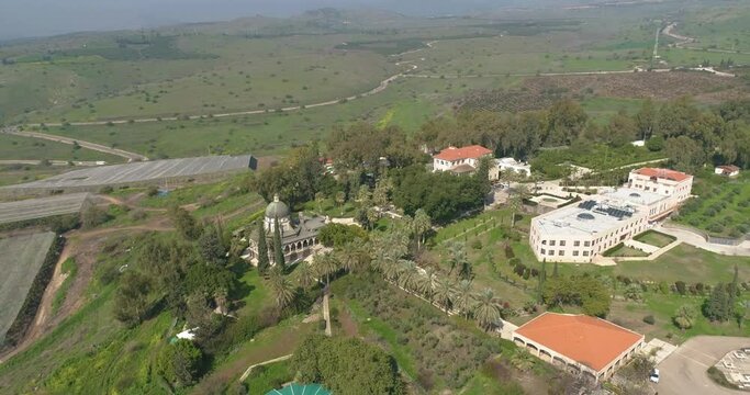 Sea of Galilee, Israel - 1 March 2022: Aerial view of the Mount of Beatitudes.