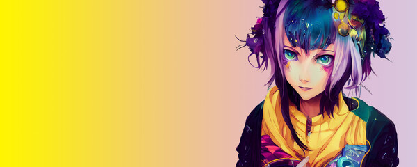 Fototapeta premium Cyberpunk anime girl with purple hair, digital illustration, created with generative ai
