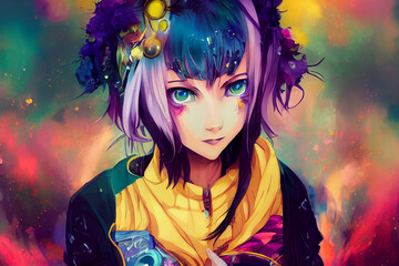Cyberpunk anime girl with purple hair, digital illustration, created with generative ai