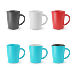 Illustration of Six Realistic Empty Ceramic Tea Mug. Mockup with Shadow Effect, and Copy Space for Your Design. For Web Design, and Printing on a White Backdrop