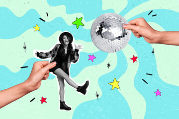 Creative trend collage of hands hold young woman dancing disco ball party disco arrangement agency...