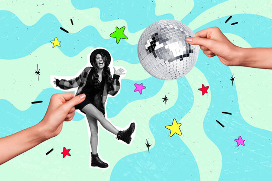 Creative trend collage of hands hold young woman dancing disco ball party disco arrangement agency have fun cartoon figurative caricature