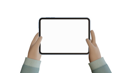 Device Mockup. cartoon hands holding an iPad in a jumper with transparent background.	