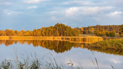 Landschaft mit Bäumen, Schilf, wolkigem Himmel und der Spiegelung der Wolken im See