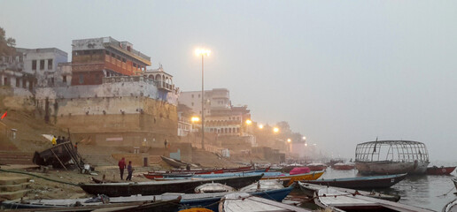 panorama of Ganges River with rowing boats
