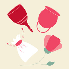 Menstrual cups with storage pouch and flower. Eco protection for woman in critical days. Feminine hygiene. Simple vector design. 