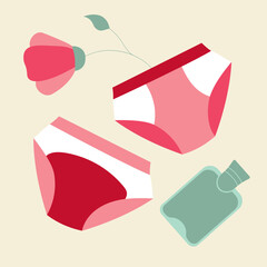 Set of stylish female panties for menstruation. Illustration of a pair of accessories. Menstruation concept. Flat vector. 