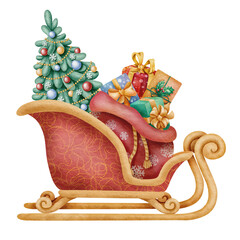 Santa sleigh with gifts and Christmas tree