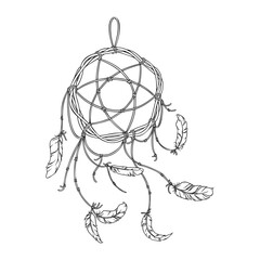 Dreamcatcher and feathers sketch. Native american decor with feathers and dream catchers. Vector illustration isolated on white background