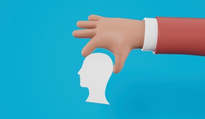 Plakat Cartoon hand holding a side profile of a human head. Mental health concept. 3D Rendering