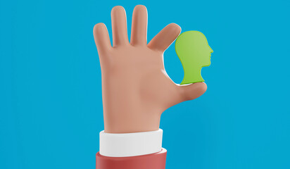 Cartoon hand holding a side profile of a human head. Mental health concept. 3D Rendering