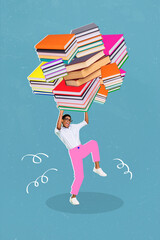 Composite collage image of strong busy woman student lifting hold pile stack book education...