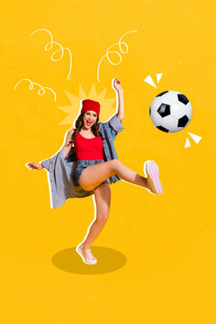 Collage artwork graphics picture of happy smiling lady playing football isolated painting background