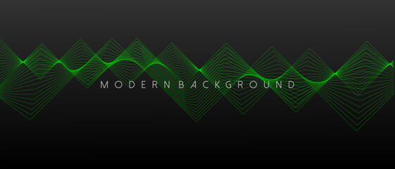Black background with abstract geen geometric and wavy lines. Vector Illustration